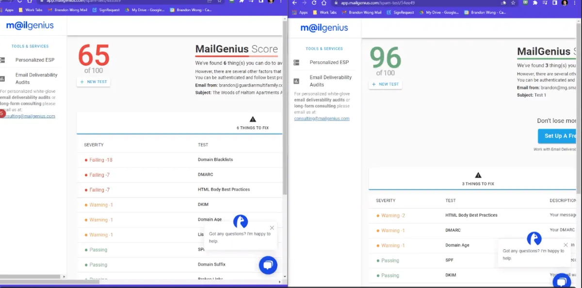MailGenius before and after โ score up from 80 to 97 after the deliverability setup