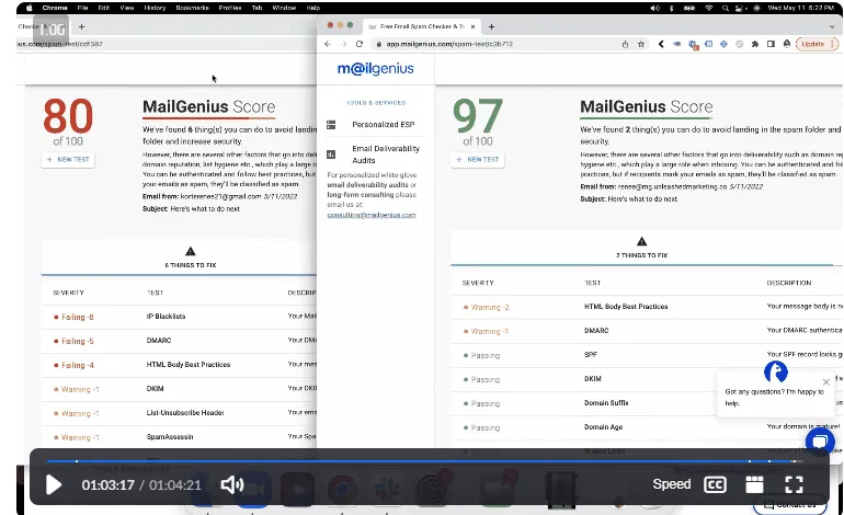 MailGenius before and after โ score up from 65 to 96