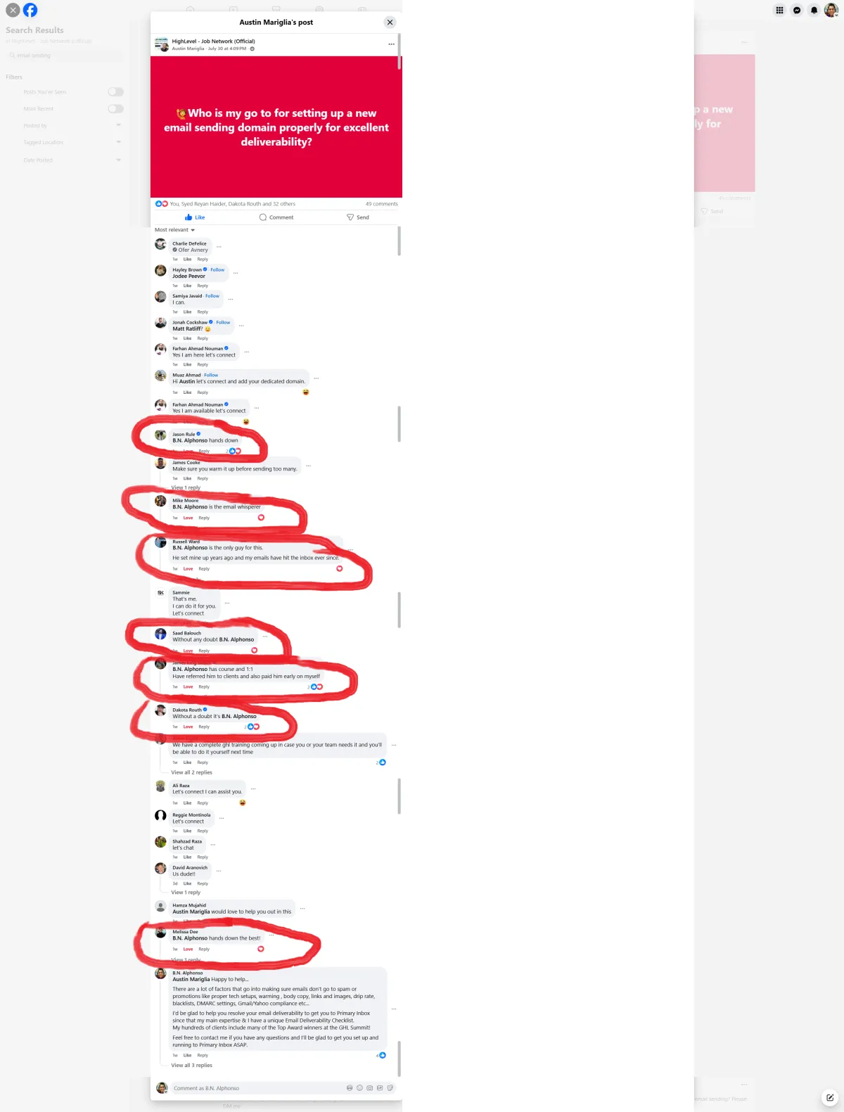 Community post โ Multiple GHL users recommend B.N. Alphonso for email deliverability