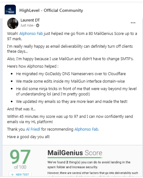 Laurent DT โ MailGenius score jumped from 80 to 97 after working with Alphonso