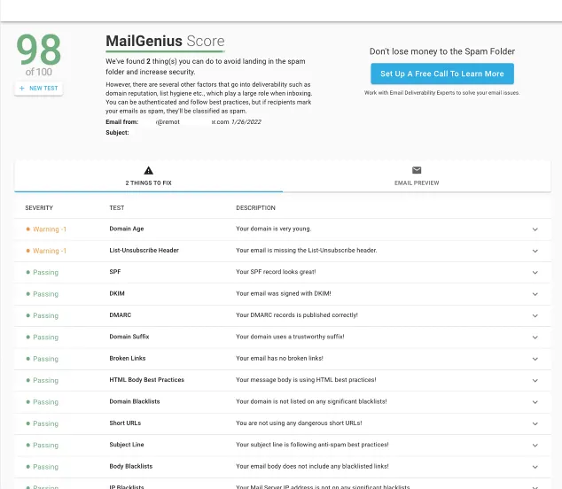 MailGenius Score 98 out of 100 โ all checks passing after setup