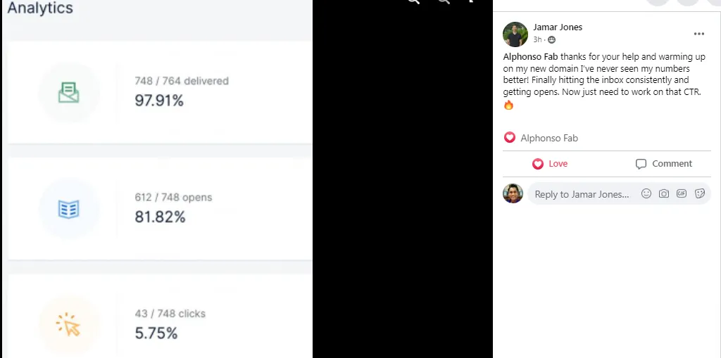 Jamar Jones โ 97.91% delivery rate, 81.82% opens, finally hitting the inbox consistently
