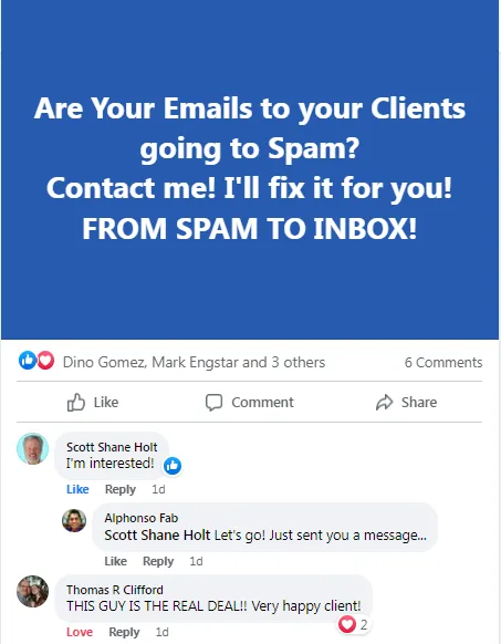 Are Your Emails to your Clients going to Spam? โ community post with Thomas R Clifford: "THIS GUY IS THE REAL DEAL!! Very happy client!"